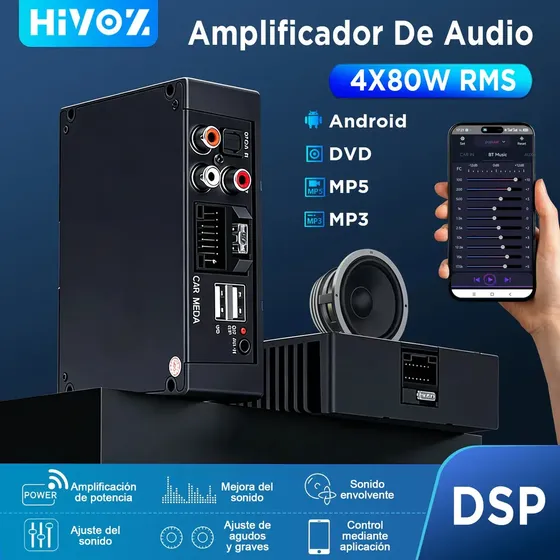 Amplificador De Audio Para Auto 4 Canales 320w Rms 4 Ohm Máxima 1200w Clase D Con App Móvil Dsp Opt/coax In 2 Rca Out 2usb Aux In Interfaz 9 En 1