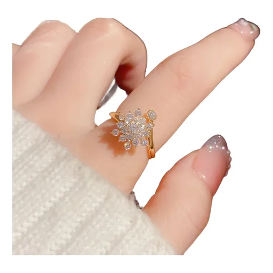 Anillo Antiestrés Giratorio Circón Copo De Nieve En Oro 14k 