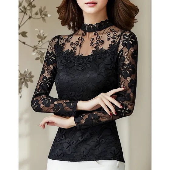 Blusa De Moda Manga Larga Encaje Transparencia