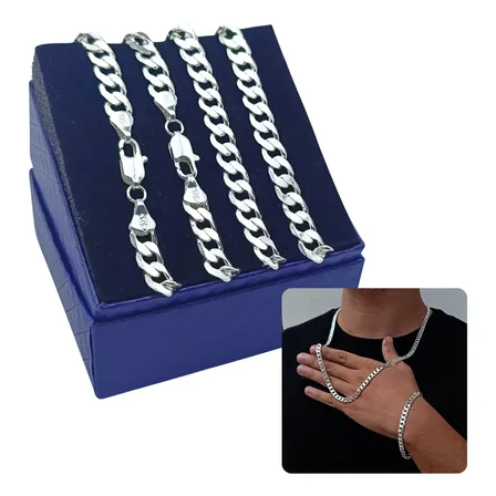 Kit Corrente + Pulseira Prata 925 Grumet 7mm Masculino Italy Prateado 70 Cm