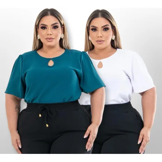 Kit 2 Blusas Feminino Gola Redonda Com Mangas Lisa Plus Size