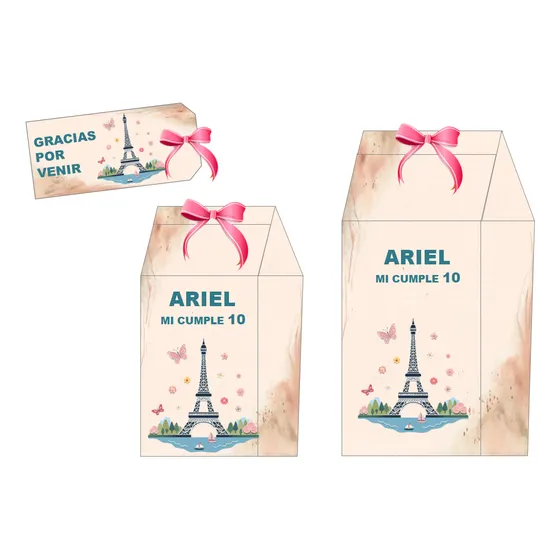 Kit Imprimible Cajas Milk + Tag + Moño: Torre Eiffel