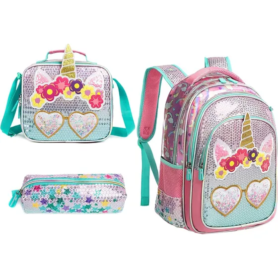 Morral Lonchera Y Cartuchera Unicornio Corazones Rosa