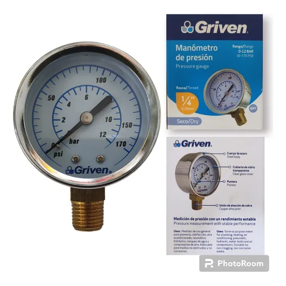 Manometro Aire Agua Gas Aceite 0-170 Psi Rosca 1/4 Griven