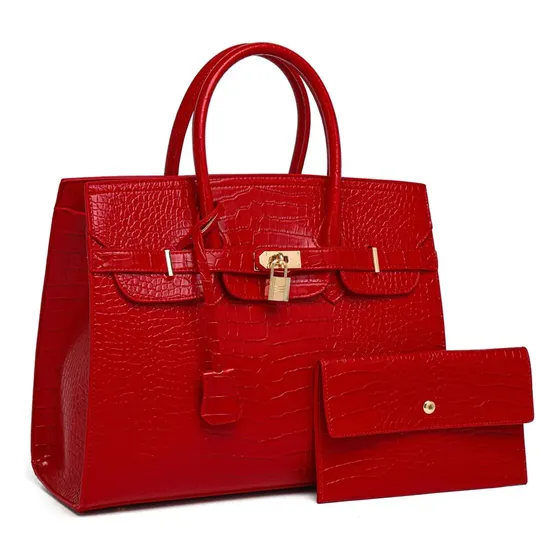 Bolsa Hermes Toque E Estilo Em Pu Vermelho Croco Ouro Vermelho