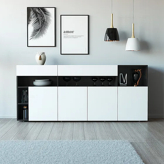 Vajillero Aparador Organizador Mueble Living Comedor 180cm Color Negro frente Blanco