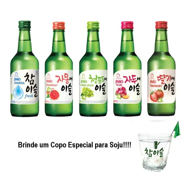 Kit 5 Soju Bebida Coreana Jinro Fresh Sabores + Copo