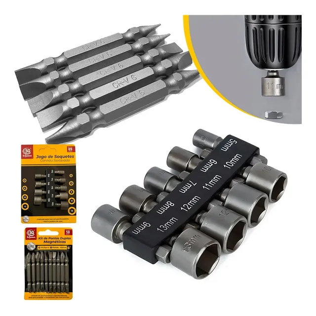 Kit Com 9 Soquetes 5 A 13mm + Kit 10 Ponteiras Parafusadeira