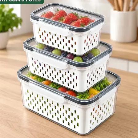 Kit 3 Potes Herméticos Organizador De Geladeira Porta Mantimentos Com Cesto Escorredor Removível Frutas Verduras Legumes Salada Empilhável Freezer Micro-ondas Lava-louças Livre BPA Transparente PALADA