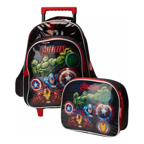 Kit Mochila De Rodinhas E Lancheira Escolar Avengers Vermelha E Preta Luxcel