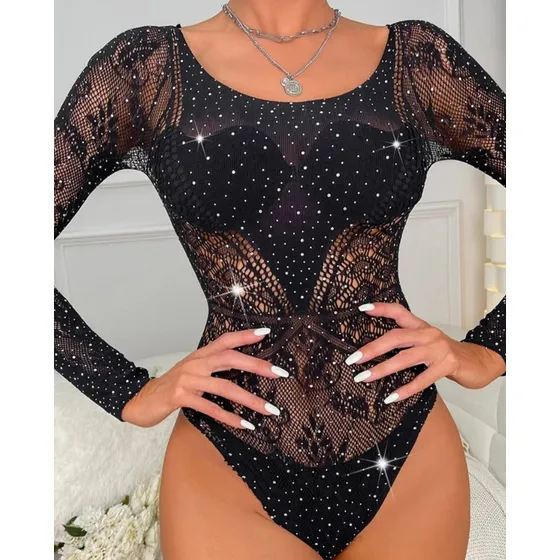 Body Malla Con Brillos Manga Larga