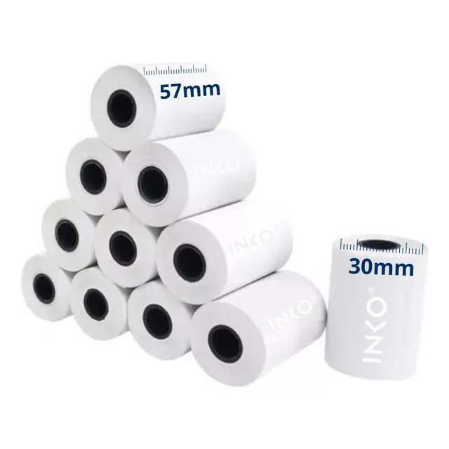 10 Rollos Papel Termico INKO 57x30 compatible con Peripage A6 o impresoras 58mm portatitles inalambricas Color Blanco