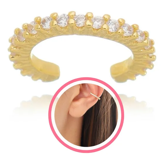Brinco Piercing Fake Argolinha Fina Zircônias Cristal Cor Dourado
