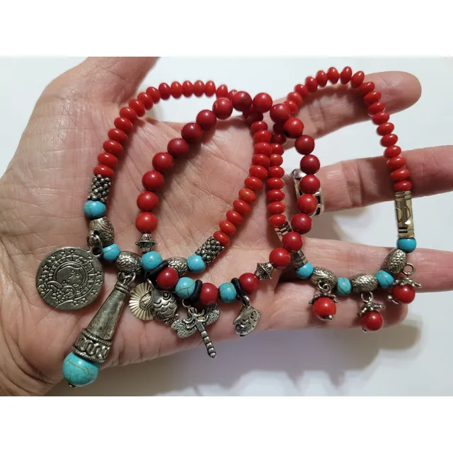 Collar  Y Pulseras De Coralina, Turquesa Y Granate Stone