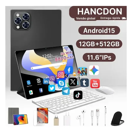Tablet Android 15 Hancdon Tab Kit Completo Ram 12gb 512gb 11.6'' Hd Tela Apoia Wifi 2,4/4g/5g Dual Sim Bateria 8800mah Com Caneta+teclado E Mouse Profissional Estudo Trabalho Jogos 2 Em 1 Tablets Pc