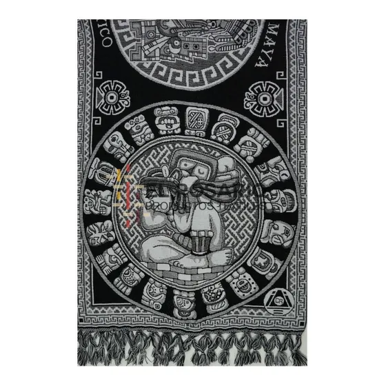 Rebozo Artesanal Mexicano - Calendario Maya Color Blanco/negro