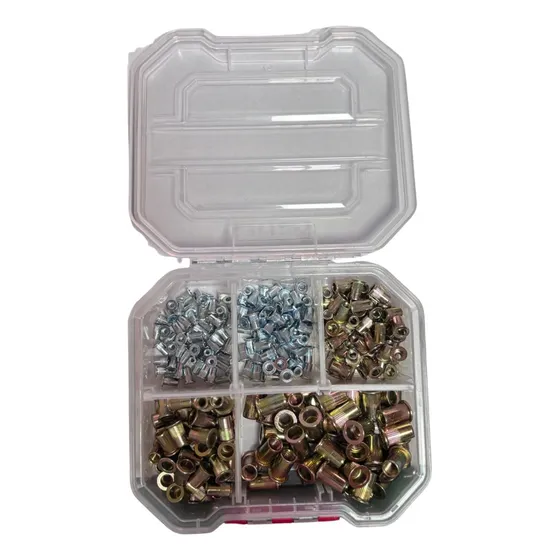 Combo Tuerca Remaches ACERO ZINCADO METRICO DE M3 M4 M5 M6 M8 X 50 Un Cada medida TOTAL 250 Unidades + CAJA PLASTICA CONTENEDORA