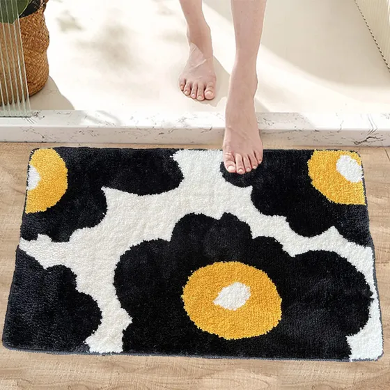 Alfombra Baño Negra Flor Bonita Absorbente Antideslizante 16