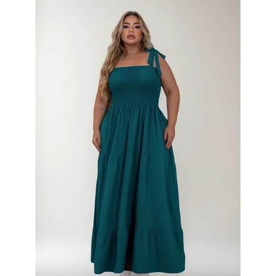 Vestido Longo Plus Size Alças De Amarrar E Lastex Soltinho D
