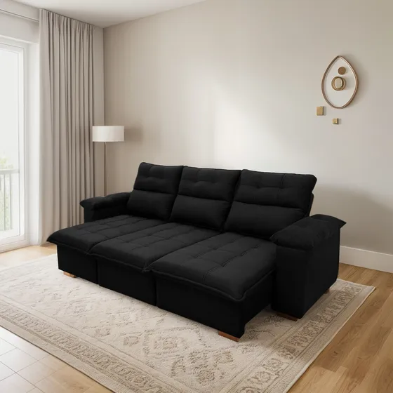 Sofá Retrátil Reclinável Verona 2,30m Preto Molas Ensacadas