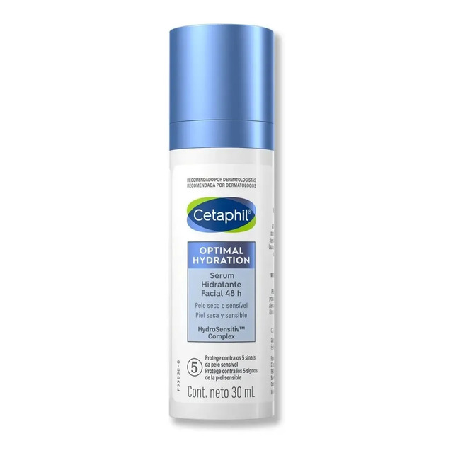 Frasco do sérum hidratante facial Cetaphil Optimal Hydration 30ml com tampa azul e rótulo informativo