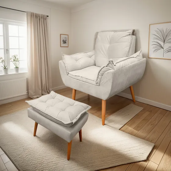 Poltrona Opala Com Puff Opala Para Sala E Quarto Suede Bege
