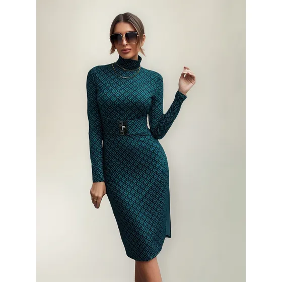 Vestido Con Cinturón Estampado Geométrico Cuello Alto