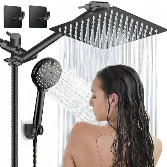 Regadera Cuadrada Negra Con Manguera de Ducha Tipo Lluvia Y Telefono 5 Modos Color Negro Baño Alta Presión