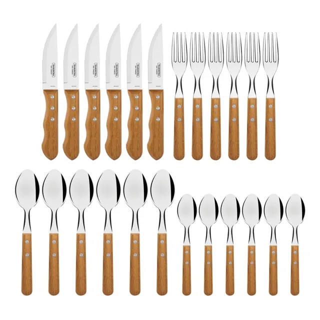 JUEGO DE CUBIERTOS DYNAMIC CON LÁMINAS DE ACERO INOXIDABLE Y MANGOS DE MADERA NATURAL 24 PZS TRAMONTINA EN CAJA