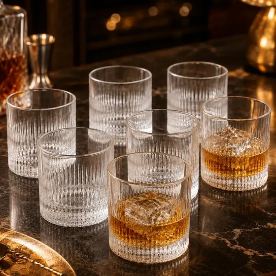 Jogo 6 Copos Whisky 340ml Baixo Vidro Canelado Cristal Transparente Drink Bar Luxo Uisque
