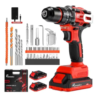 Taladro Percutor Destornillador Inalámbrico Pointekx Ddz-4521 Con Percutor Y Motor Sin Escobillas, 55 N.m, 2 Baterías Y Kit De 28 Pzs Rojo Oscuro