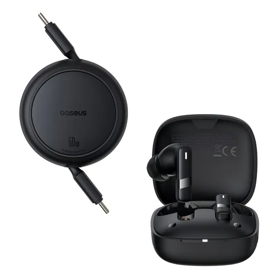 Baseus Kit Audífonos Bluetooth Bowie E20 Hasta 33 Horas Carga Rápida Control Touch Micrófono Incorporado Anc Cancelación De Ruido + Cable Retractil 1 Metro Tipo C A Tipo C-tipo C 60w Color negro