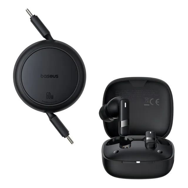 Baseus Kit Audífonos Bluetooth Bowie E20 Hasta 33 Horas Carga Rápida Control Touch Micrófono Incorporado Anc Cancelación De Ruido + Cable Retractil 1 Metro Tipo C A Tipo C-tipo C 60w Color negro