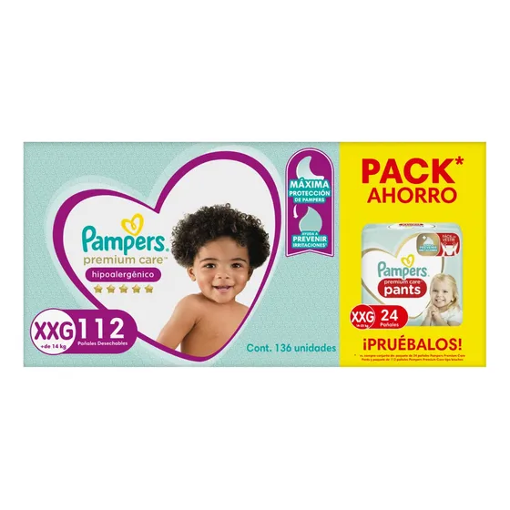 Pañales Pampers Premium Care XXG 112 Un + Pants XXG 24 Un