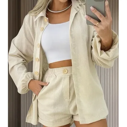 Conjunto Linho Feminino Camisa E Short Linha Premium