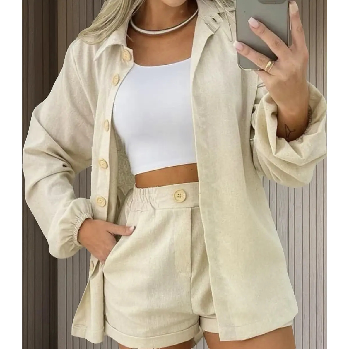 Conjunto Linho Feminino Camisa E Short Linha Premium