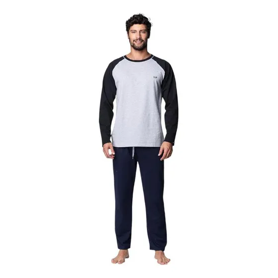 Pijama Hombre Top Algodón Cuello Redondo Azul