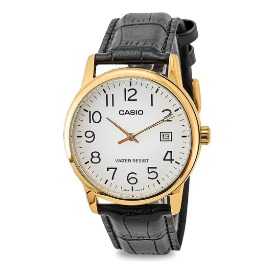 Relógio Casio Mtp-v002gl-7b2udf Dourado Pulseira De Couro Preto Números Arábicos Data