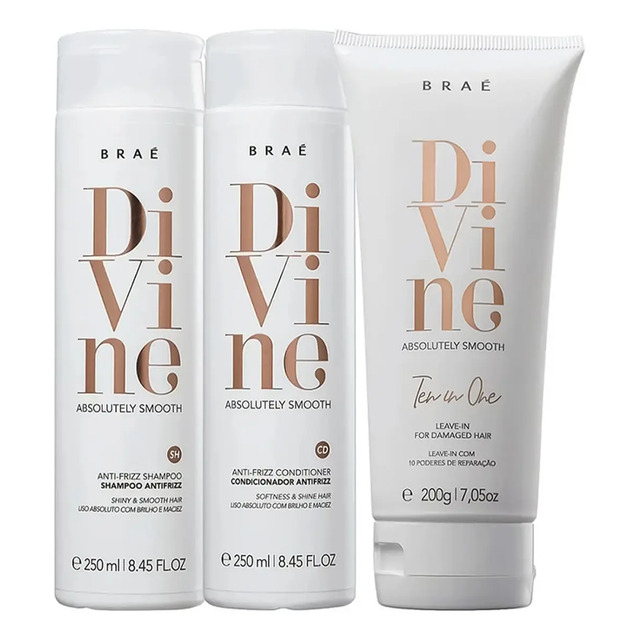 Kit Braé Divine contendo um frasco de shampoo de 250ml, um frasco de condicionador de 250ml e um tubo de leave-in Ten in One de 200g, todos na cor branca com letras em tom cobre.
