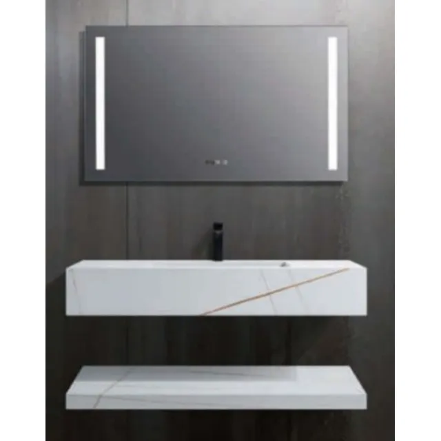 Tope Mueble De Bano Blanco En Piedra+ Espejo Led 60x50cm