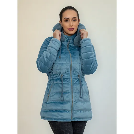 Parka Feminina De Veludo Forrada Com Pelo E Capuz Removivél