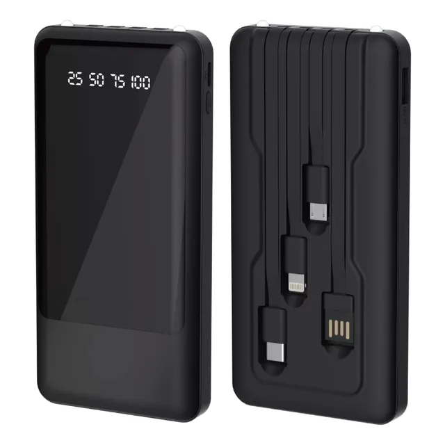 Power Bank Batería Portátil 10000 mAh Incluye Luz Incorporada, 4 Cables Intergrados Micro USB, iP, Tipo-C Y USB MVPSMART P103 Negro, Cargador Portátil Con Batería Recargable, 2 Puertos USB Y Tipo-C