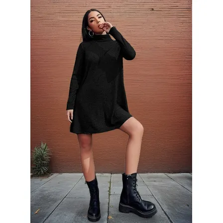 Vestido Corto Holgado, Manga Larga Cuello Mock