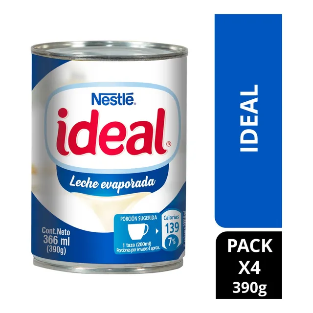 Leche Evaporada Ideal®  Clasica Tarro 390g Pack X4