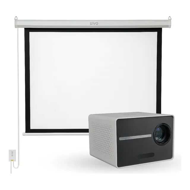 Proyector Portatil Halo 9000lm + Telón Electrico 60 Levo Gris
