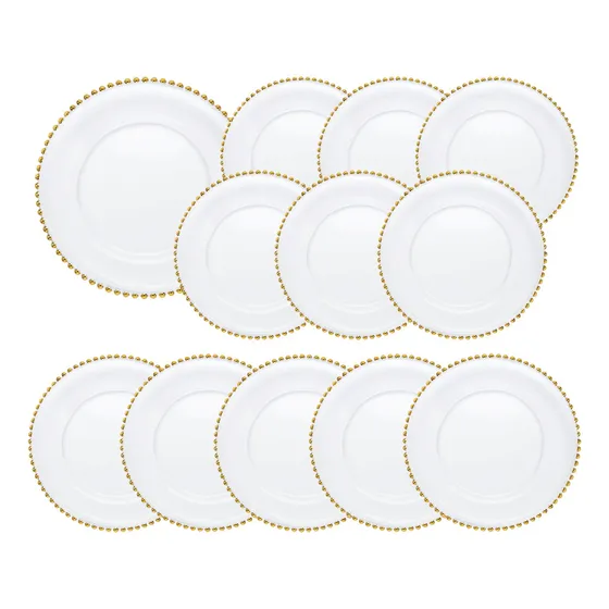 Caja 12 Piezas Plato De Vidrio Base Perla Dorado