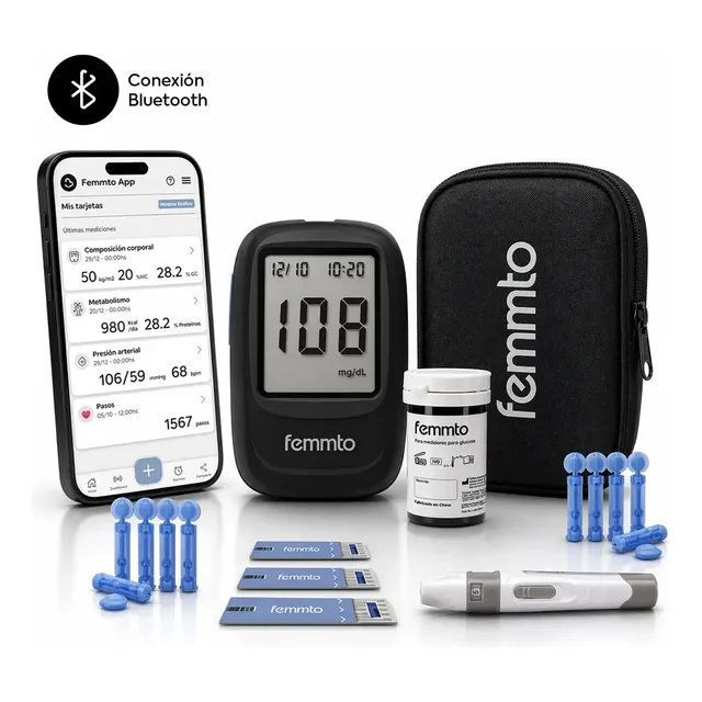 Kit Glucómetro Medidor De Glucosa Femmto Verita Connect Bluetooth 50 Tiras Punzador Estuche Negro