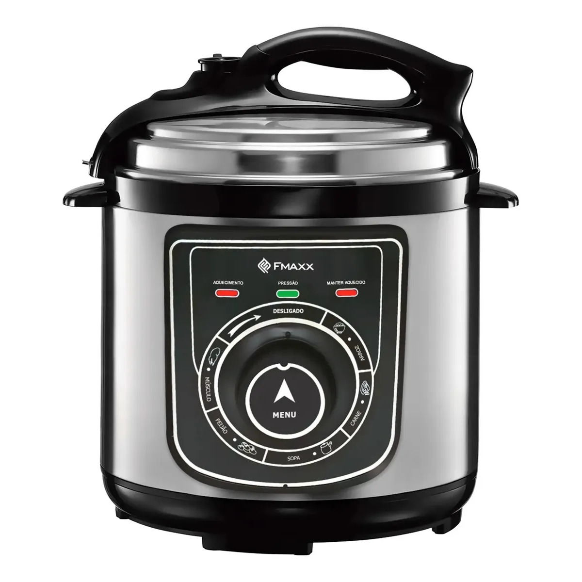 Panela de pressão elétrica Fmaxx Chef de 4 litros na cor prateada com painel frontal de controle e alça superior preta