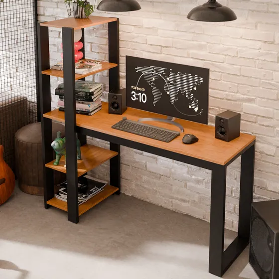 Mesa Escrivaninha para Quarto e Escritório com Prateleiras Estilo Home Insutrial Cor Canela