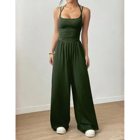 Macacão Feminino Longo Casual Pantalona Drapeado Elegante Verde-militar Gg